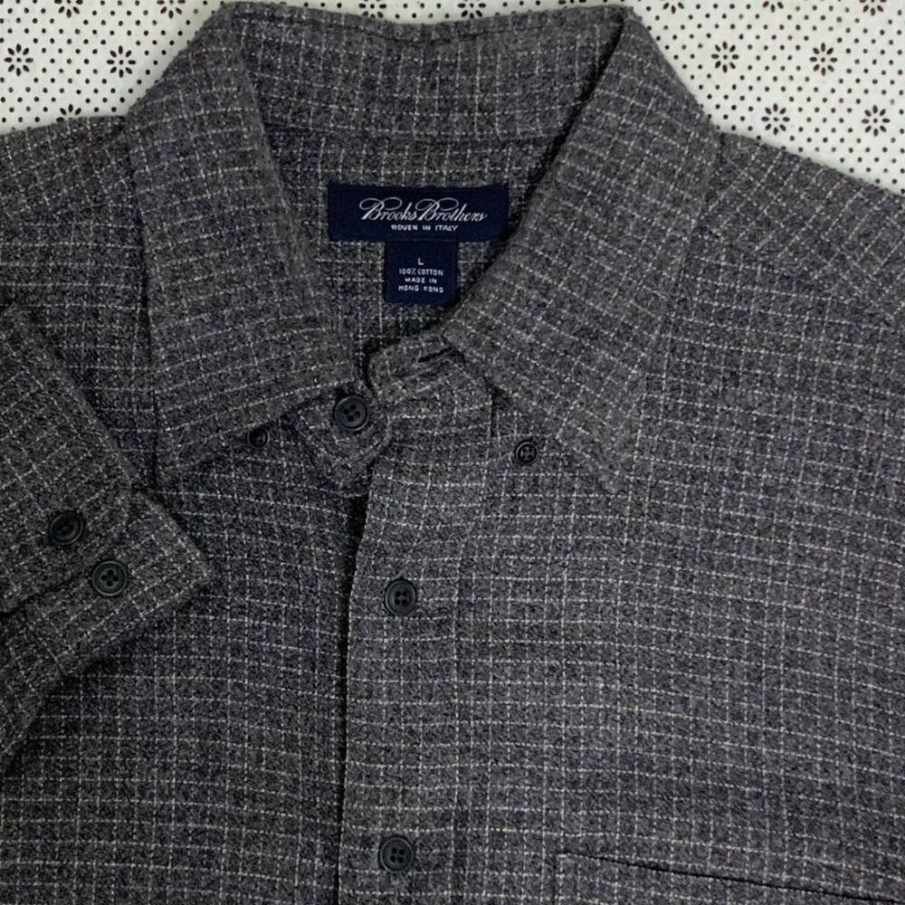 Brooks Brothers Woven in Italy Cotton Flannel Shirt Mens L Gray Plaid